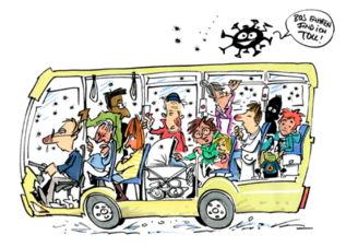 Ein Schulbus vollbesetzt mit Kindern. Es ist Winterzeit und überall im Bus schwirren Viren und Bakterien herum. (verweist auf: Und immer wieder diese Viren)
