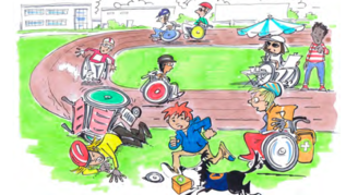 Ein wildes Rollstuhlrennen findet auf dem Sportplatz statt. (verweist auf: So spannend kann etwas Neues sein)