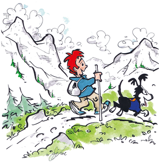 Max trägt einen Rucksack und einen Wanderstab Er wandert mit Flocke in den Bergen. (verweist auf: Max und Flocke werden in den Bergen gerettet)