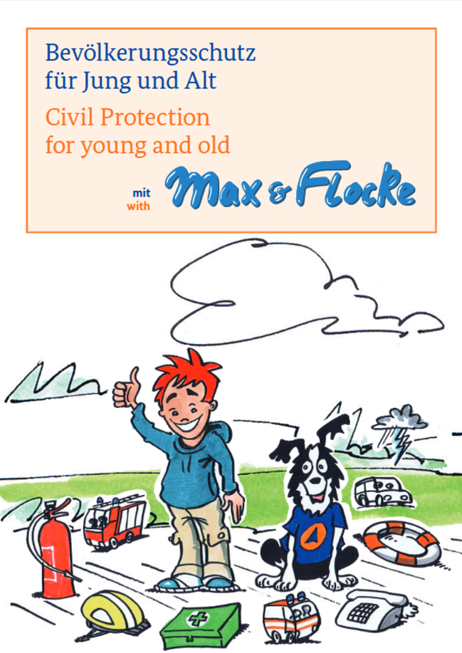 Ein Junge mit rotem Haar streckt die Hand mit erhobenem Daumen nach oben und lacht. Das ist Max. Neben ihm sitzt ein Hund mit blauem T-Shirt, auf dem ein orangener Kreis und ein blaues Dreieck zu sehen ist. Das ist das Zivilschutzzeichen. 