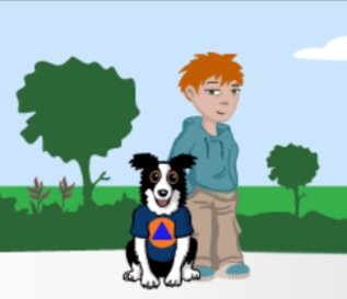 Max und Flocke sind draußen und stehen in einer Landschaft mit Bäumen. (verweist auf: Bildschirmschoner mit Bildern aus dem Spiel "Wo ist Max?)