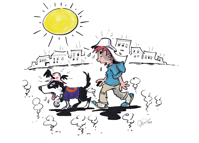 Max und Flocke laufen in der brütenden Mittagshitze durch die Stadt. Die Hitze setzt ihnen sehr zu. Hoffentlich finden sie bald ein schattiges Plätzchen. Sie müssen ebenfalls viel trinken.