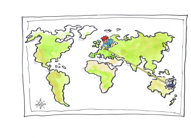 Auf dieser Weltkarte siehst du die Distanz Berlin und Sydney in Australien. Max ist in Berlin und Flocke in Sydney.