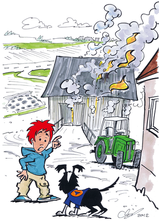 Max zeigt erschrocken auf eine Scheune, deren Dach in Flammen steht. Er wendet sich seinem Hund Flocke zu, der auf die Scheune blickt. Vor der Scheune steht ein Traktor. (verweist auf: Max und Flocke entdecken einen Brand)