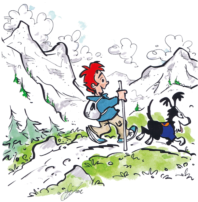 Max trägt einen Rucksack und einen Wanderstab Er wandert mit Flocke in den Bergen.