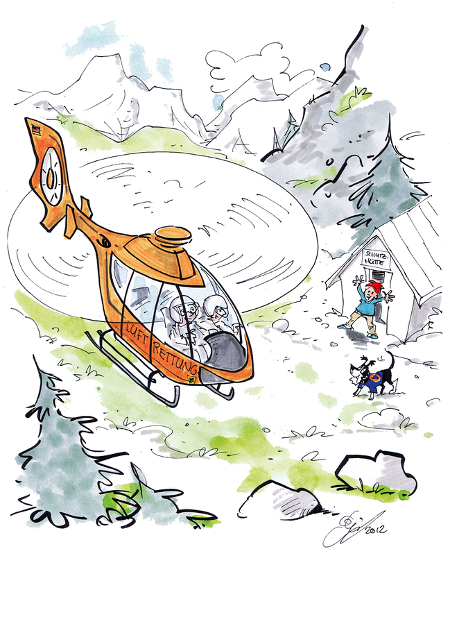 Der Rettungshubschrauber rettet Max und Flocke. Der Hubschrauber landet auf der Wiese vor der Schutzhütte.