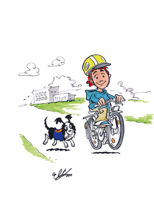 Max fährt Fahrrad und trägt einen Helm, Flocke läuft nebenher. (verweist auf: Max und Flocke bei einem Notfall)