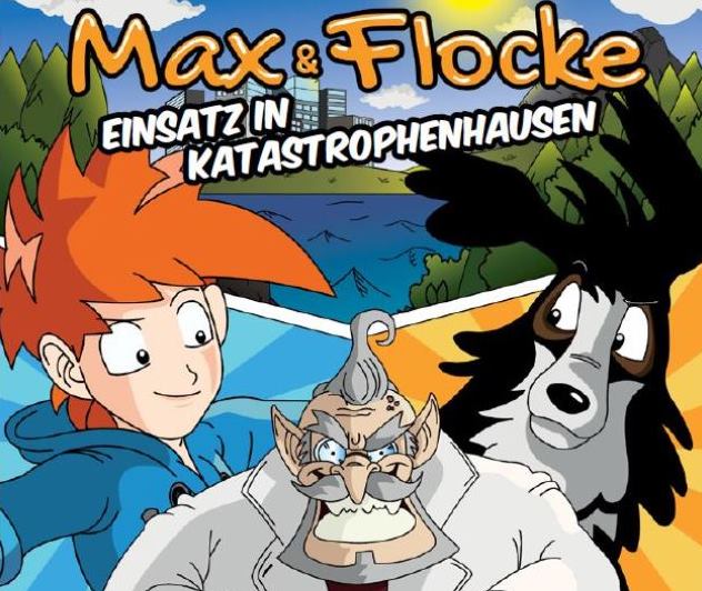 Das Titelbild des Comics von Max und Flocke. Es zeigt Max, Flocke, Dr. Superschreck, Katja und Jens.