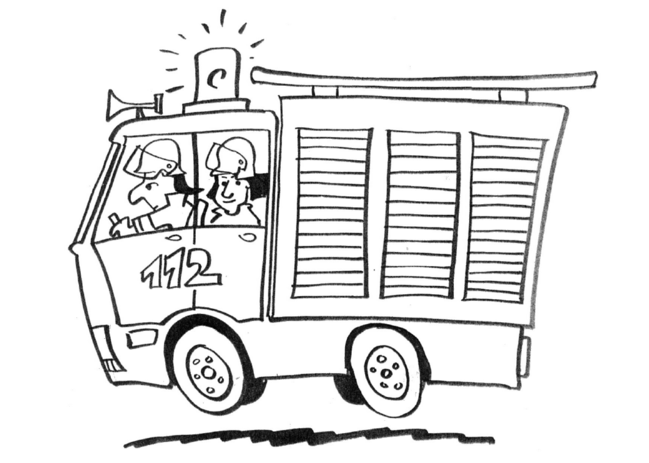 Schwarzweiß-Comic-Zeichnung von zwei Feuerwehrmännern, die in einem Feuerwehrwagen sitzen.