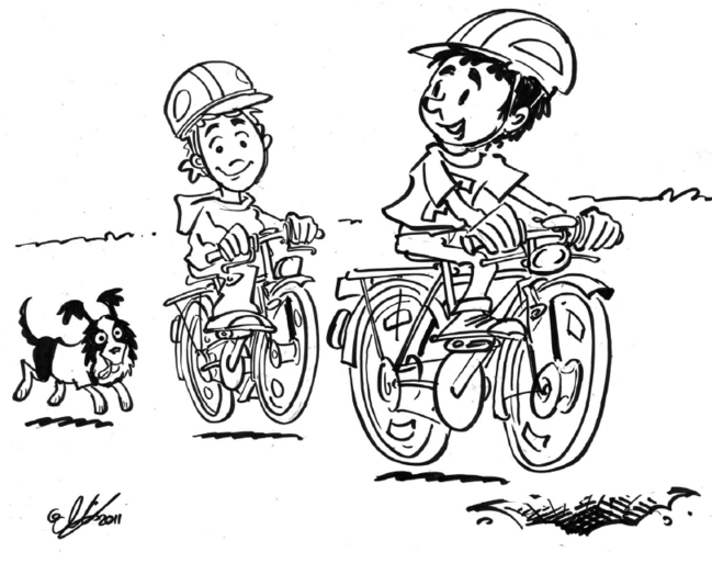 Max, sein Freund Florian und Flocke unternehmen eine Fahrradtour. Sie sitzen auf ihren Fahrrädern und haben ihre Fahrradhelme auf.