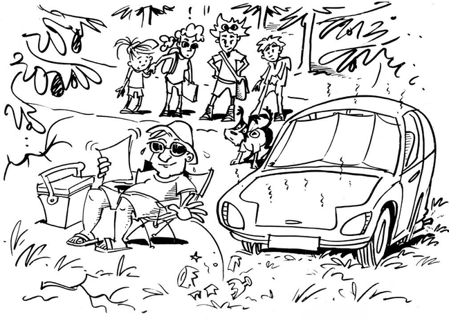 Max mit seinen Eltern und seiner Schwester im Wald. Max hat Flocke an der Leine.  Sie sehen einen Mann mit kurzen Hosen und Sonnenbrille in einem Campingstuhl, der eine Glasflasche wegwirft. Diese zerbricht an einem Stein.